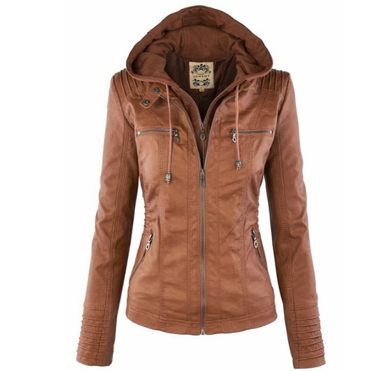 Ava Women's Moto Jacket | Faux Leather, Removable Hood, Slim Fit 0