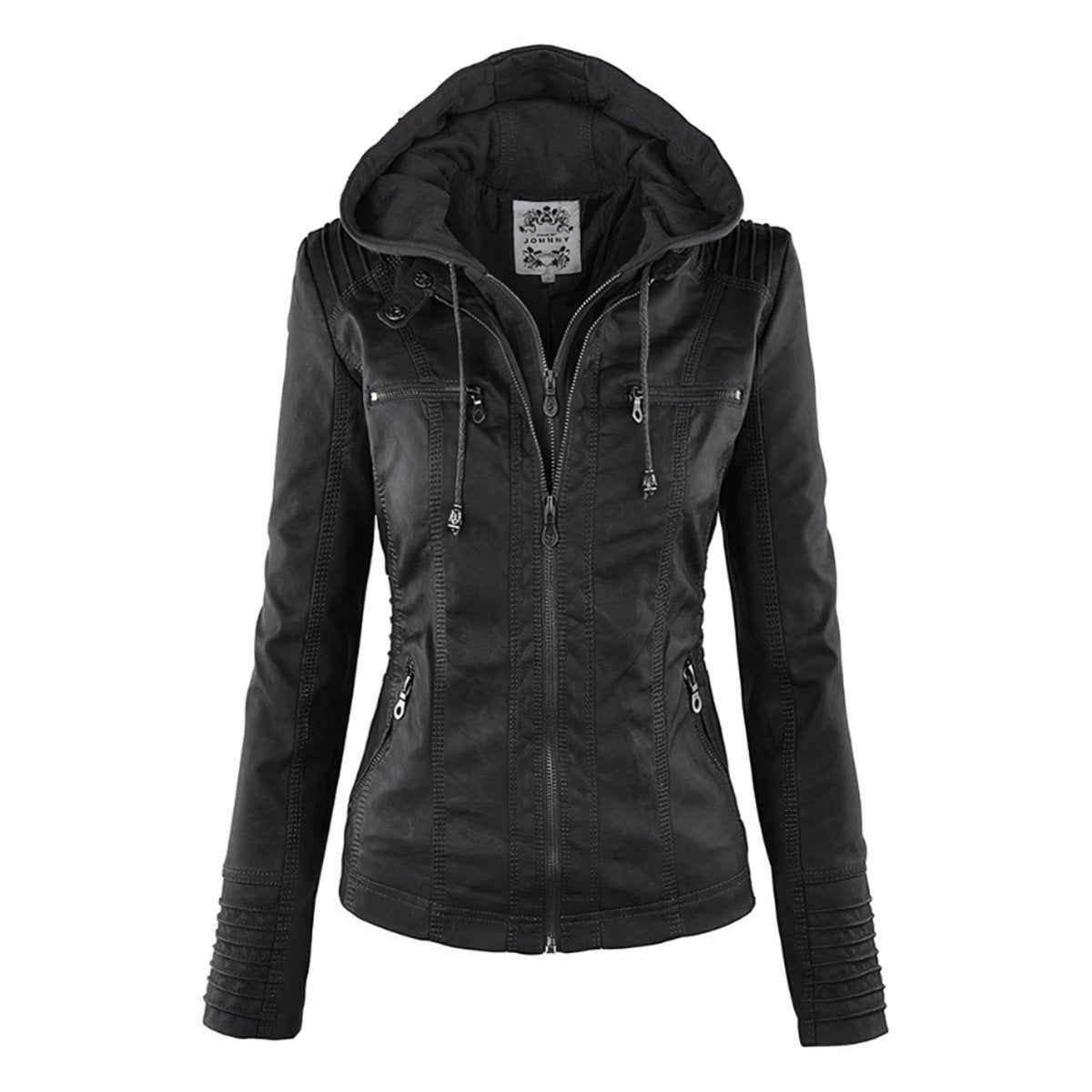 Ava Women's Moto Jacket | Faux Leather, Removable Hood, Slim Fit 1