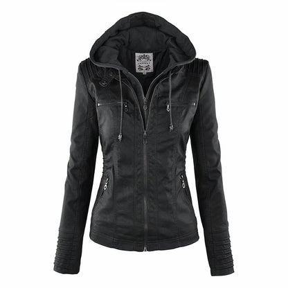 Ava Women's Moto Jacket | Faux Leather, Removable Hood, Slim Fit 1