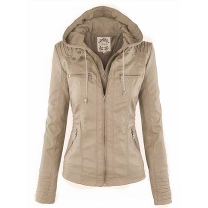 Ava Women's Moto Jacket | Faux Leather, Removable Hood, Slim Fit 3