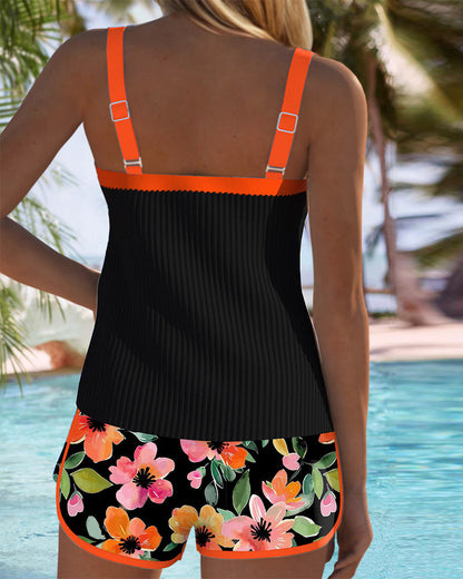 Aveline Women's Tankini Set | Tummy Control Ribbed Top with Floral Shorts 1