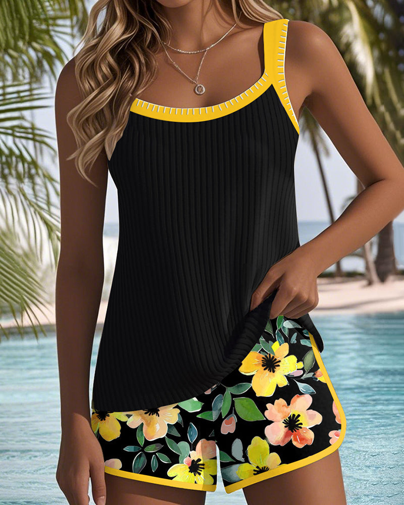 Aveline Women's Tankini Set | Tummy Control Ribbed Top with Floral Shorts 6
