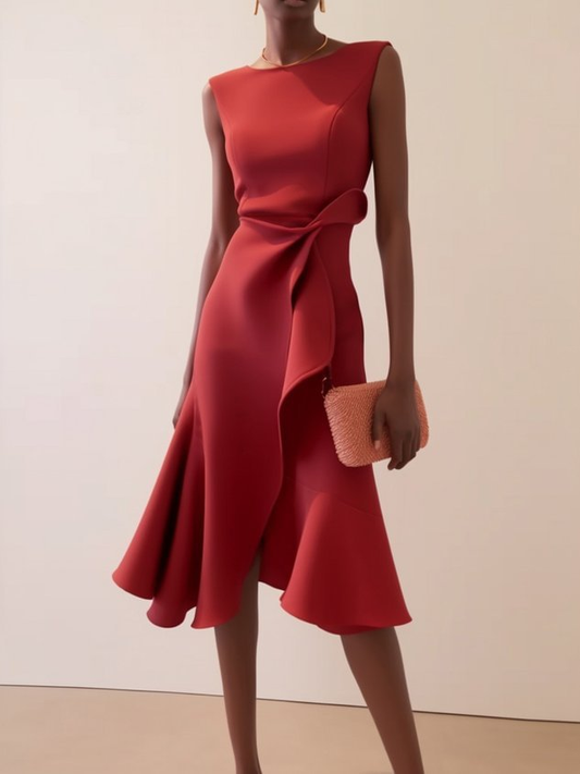 Beatrice Women’s Midi Dress with Draped Asymmetrical Design 0
