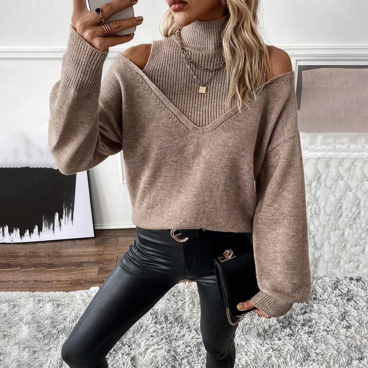 Bettina Women’s Off-Shoulder Turtleneck Sweater with Layered Design 1