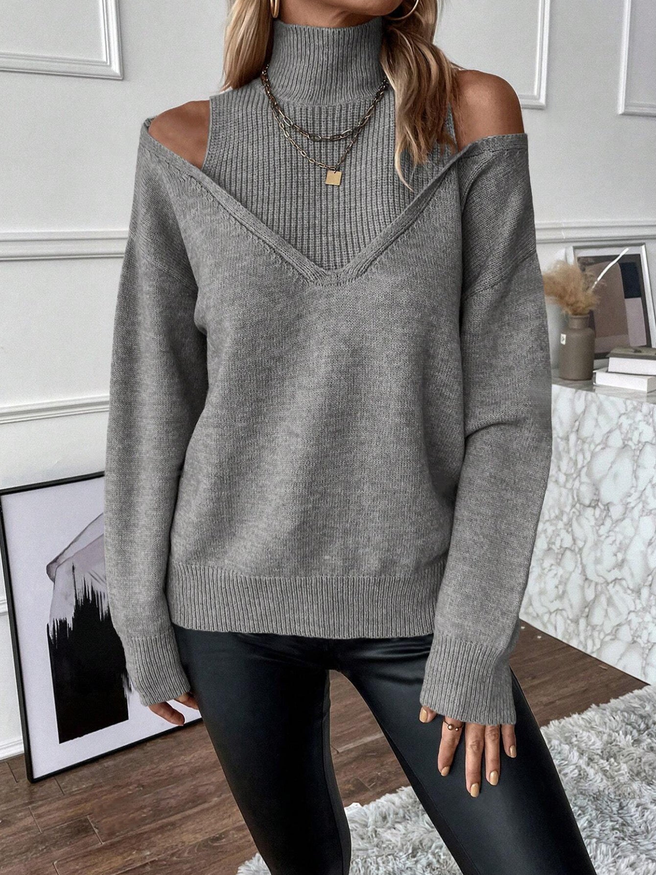 Bettina Women’s Off-Shoulder Turtleneck Sweater with Layered Design 5