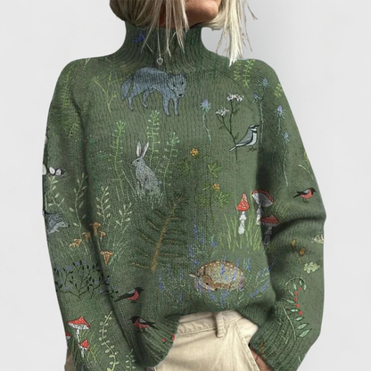 Breezy Women’s Oversized Sweater with Nature Print and Relaxed Fit 0