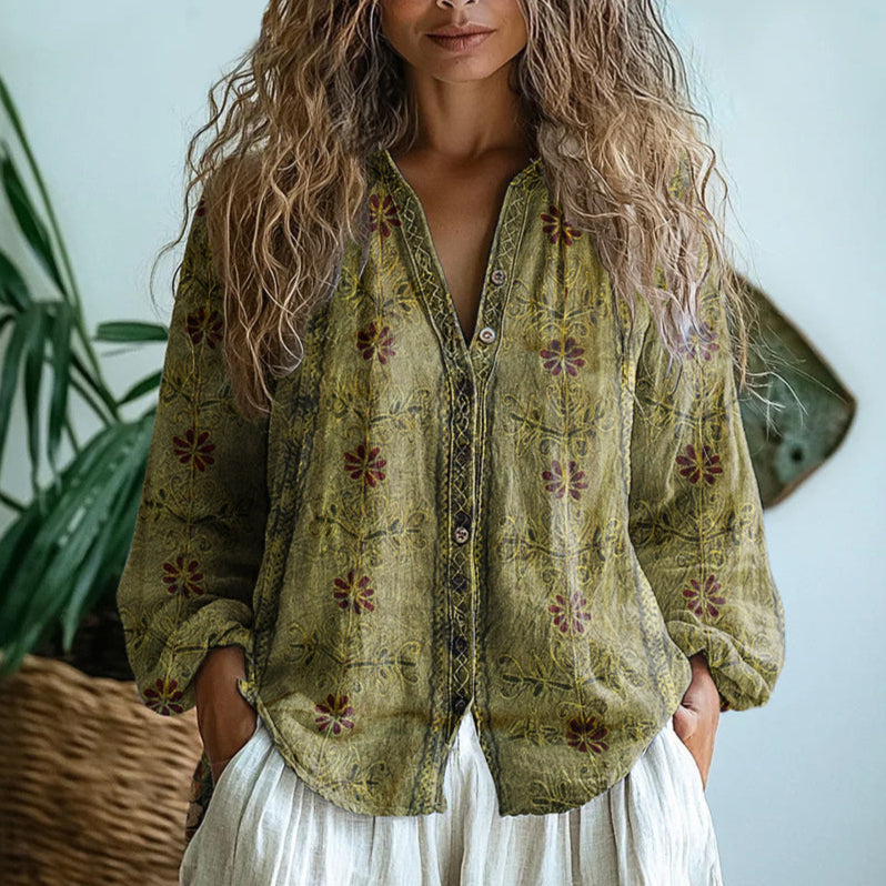 Brianna Women’s Shirt with Vintage Leaf Print and Button-Down Design 2