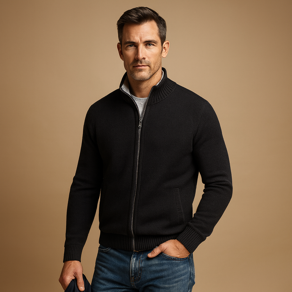 Caden Men's Cardigan Sweater with Zip-Up Design and Ribbed Trim 2