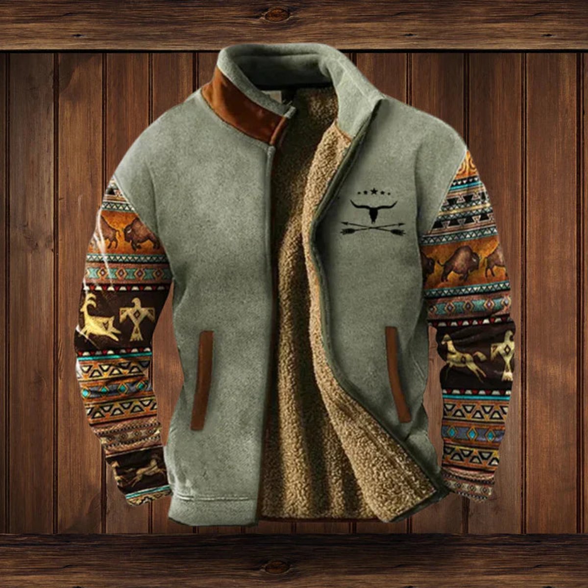 Caleb Men's Cardigan | Sherpa-Lined Aztec Print Full-Zip Jacket 1
