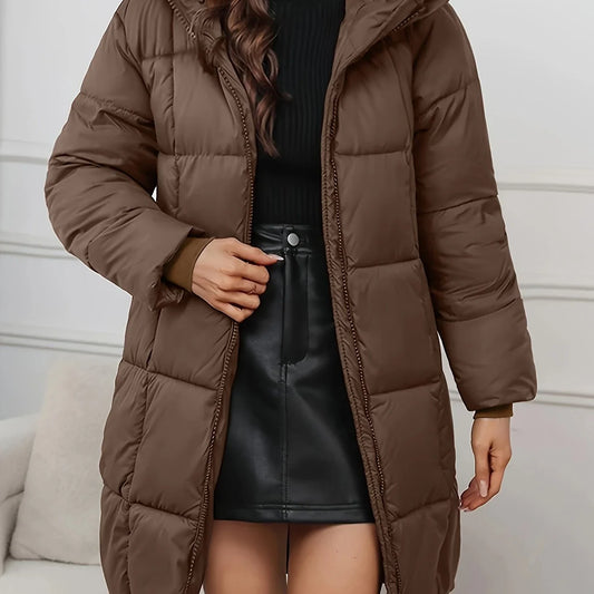 Camilla Women’s Longline Puffer Coat featuring a hooded quilted design, perfect for winter warmth and style. 0
