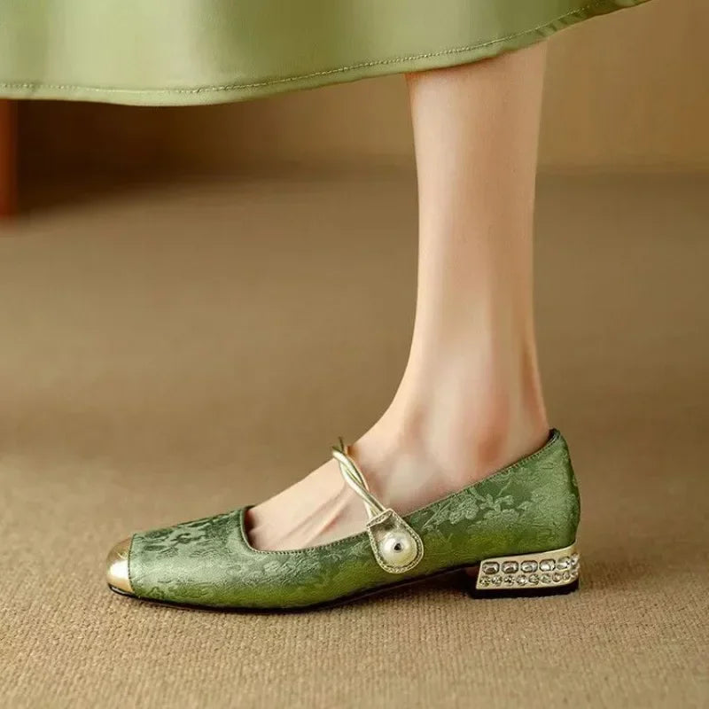 Camille Women’s Mary Jane Shoes with Braided Pearl Strap and Low Block Heel 2