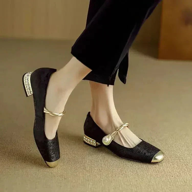 Camille Women’s Mary Jane Shoes with Braided Pearl Strap and Low Block Heel 5