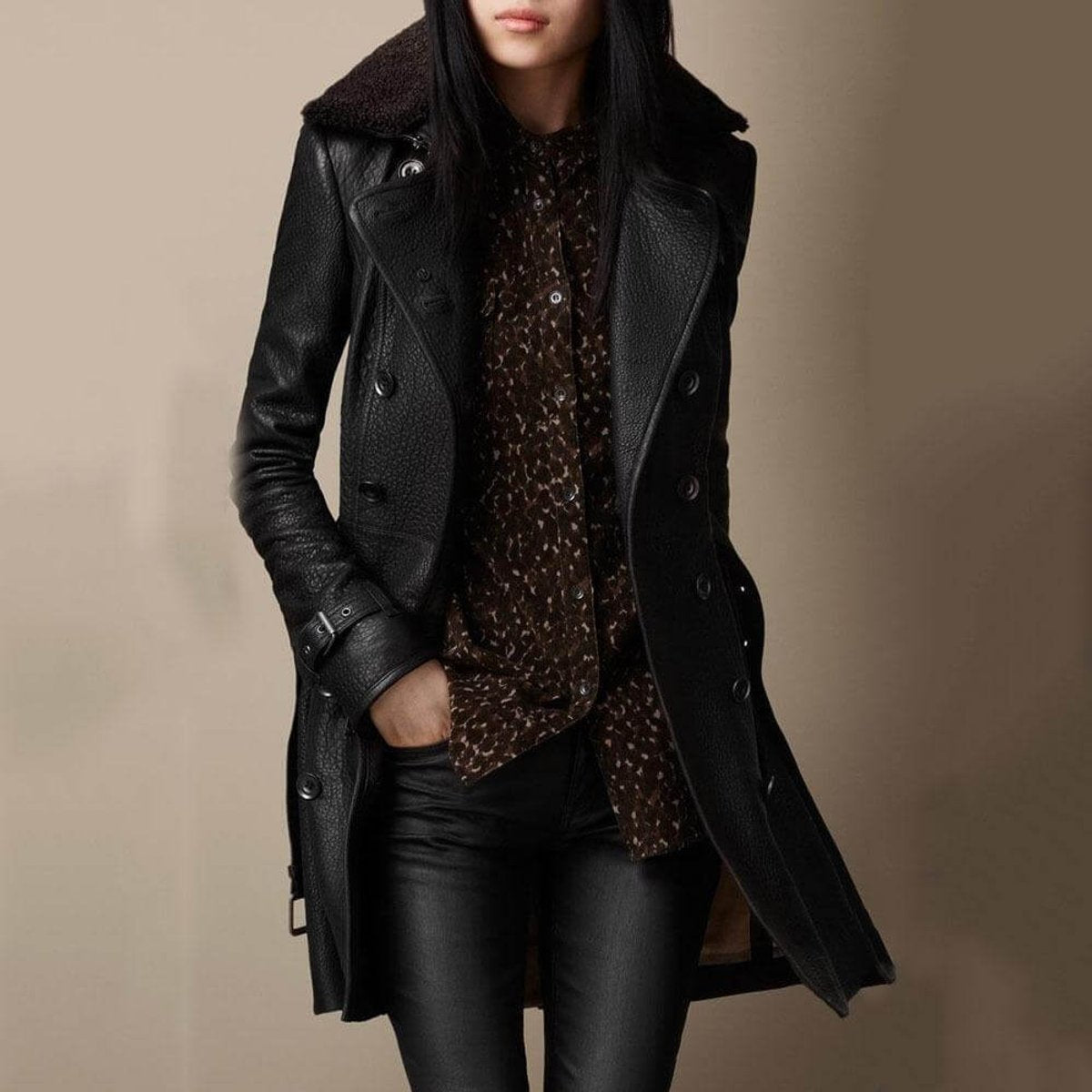 Celine Women's Leather Trench Coat | Double-Breasted Shearling Collar, Knee-Length 0