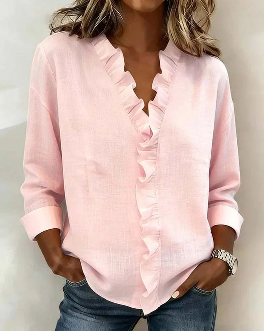 Chara Women's Blouse with Ruffled V-Neckline and Long Sleeves 0