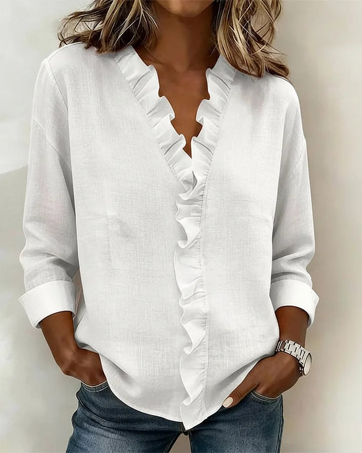 Chara Women's Blouse with Ruffled V-Neckline and Long Sleeves 1