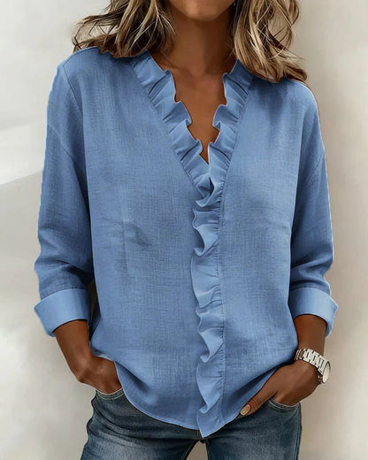 Chara Women's Blouse with Ruffled V-Neckline and Long Sleeves 3