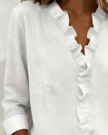 Chara Women's Blouse with Ruffled V-Neckline and Long Sleeves 7