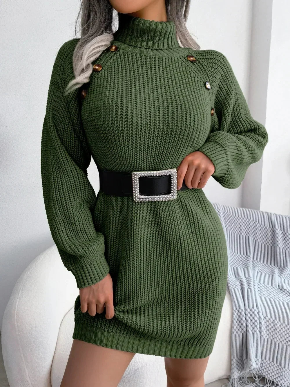 Chara Women’s Sweater Dress featuring a cozy chunky knit design and stylish shoulder button detail, perfect for a chic and comfortable winter outfit. 4