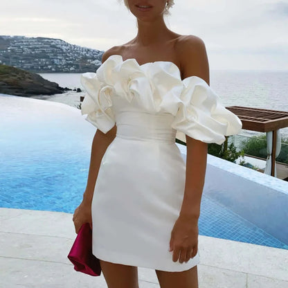 Charlotte Women's Mini Dress featuring a stylish ruffle neckline and a chic strapless design, perfect for summer outings and special occasions. 1