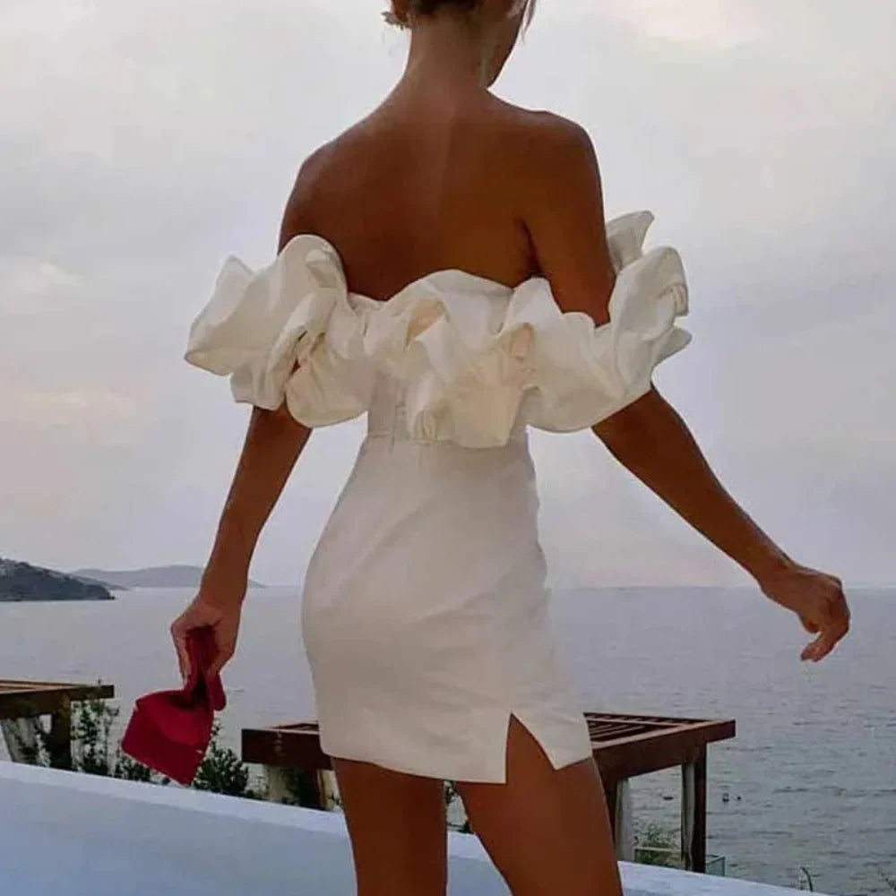 Charlotte Women's Mini Dress featuring a stylish ruffle neckline and a chic strapless design, perfect for summer outings and special occasions. 5