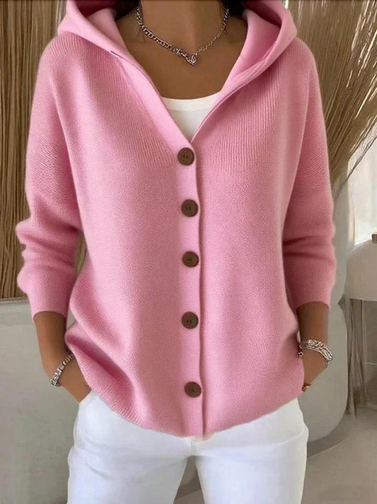 Clara Women’s Cardigan Sweater with Hood and Button Placket in Relaxed Fit 0