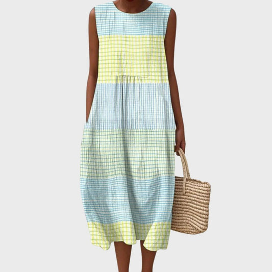 Clara Women’s Midi Dress with Sleeveless Design and Relaxed Tiered Silhouette in Blue and Yellow Check Pattern 0