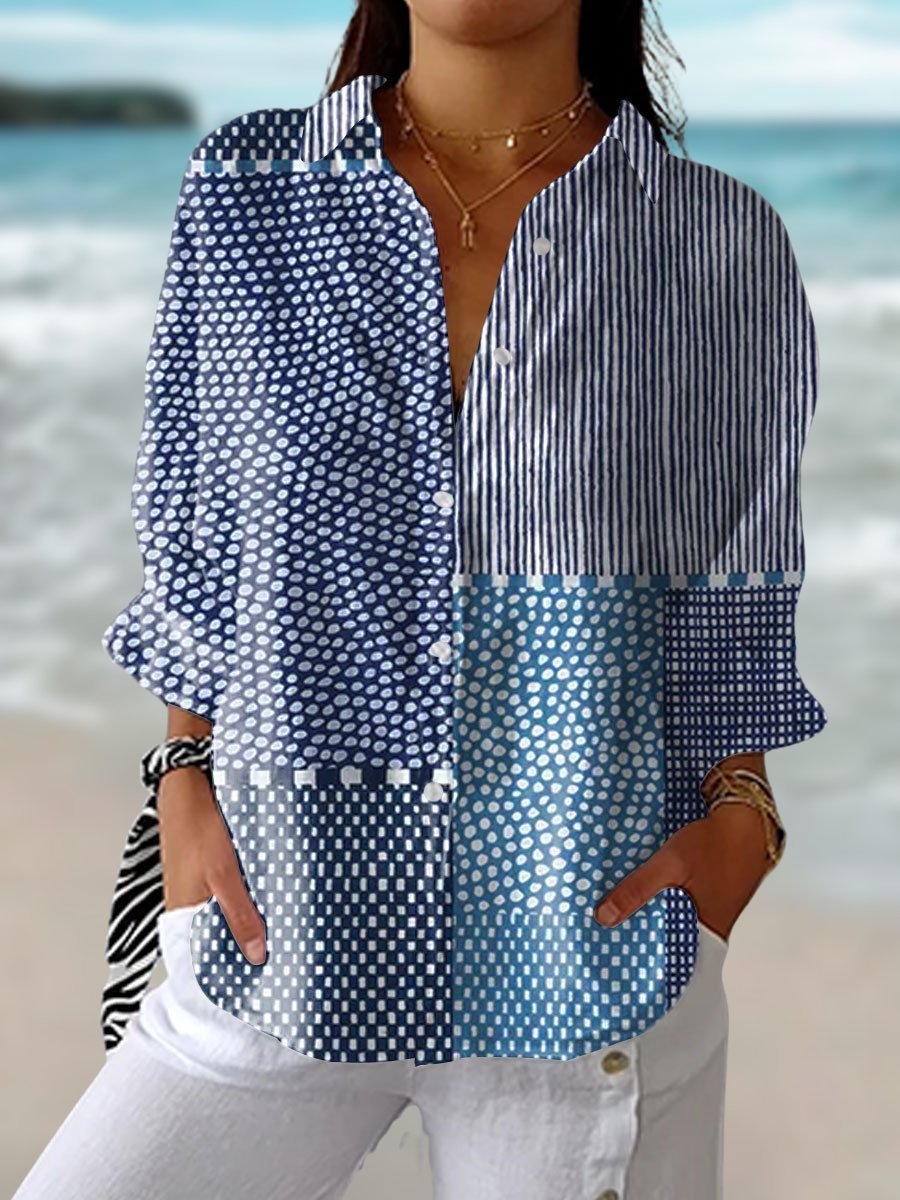 Clara Women’s Relaxed-Fit Blouse with Patchwork Design and Button Placket 0