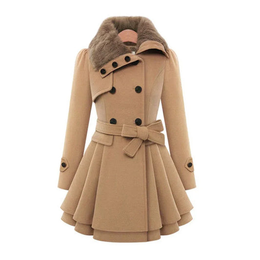 Clara Women’s Trench Coat featuring a stylish faux fur collar and a belted waist, perfect for chic fall and winter outfits. 0
