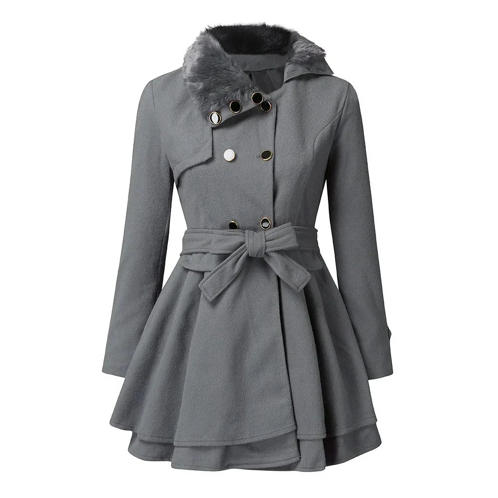 Clara Women’s Trench Coat featuring a stylish faux fur collar and a belted waist, perfect for chic fall and winter outfits. 1