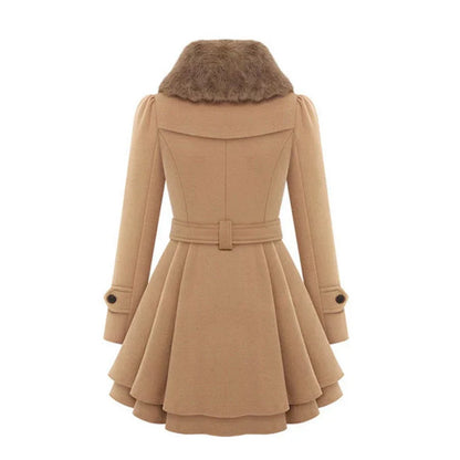 Clara Women’s Trench Coat featuring a stylish faux fur collar and a belted waist, perfect for chic fall and winter outfits. 2