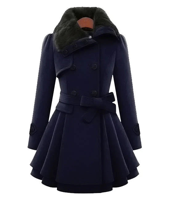 Clara Women’s Trench Coat featuring a stylish faux fur collar and a belted waist, perfect for chic fall and winter outfits. 4