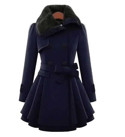 Clara Women’s Trench Coat featuring a stylish faux fur collar and a belted waist, perfect for chic fall and winter outfits. 4