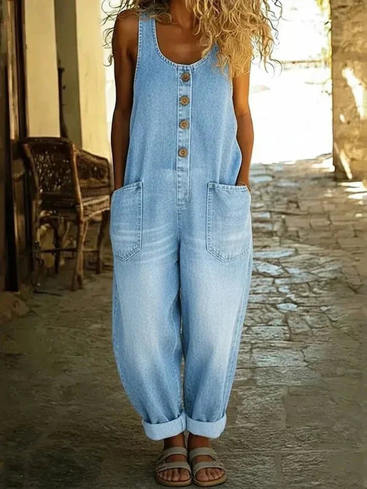 Cleo Women’s Denim Jumpsuit with Sleeveless Design and Front Pockets 0