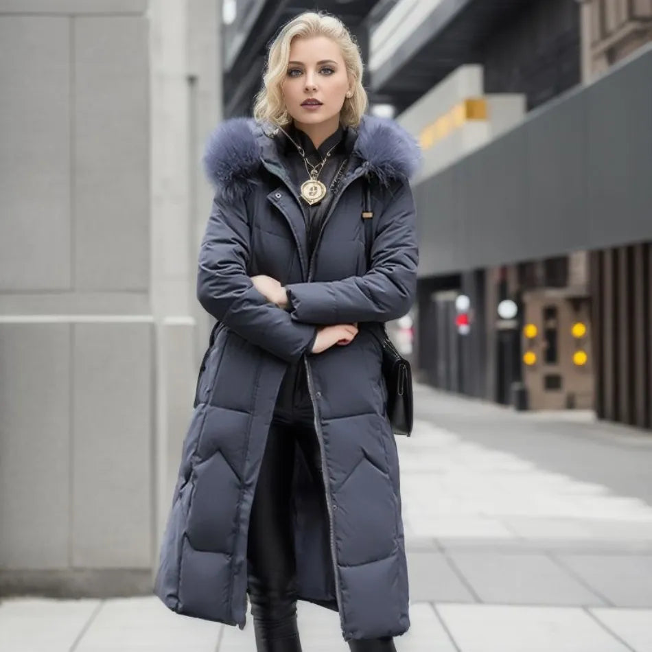 Cora Women's Long Puffer Coat with High Collar and Quilted Design 11