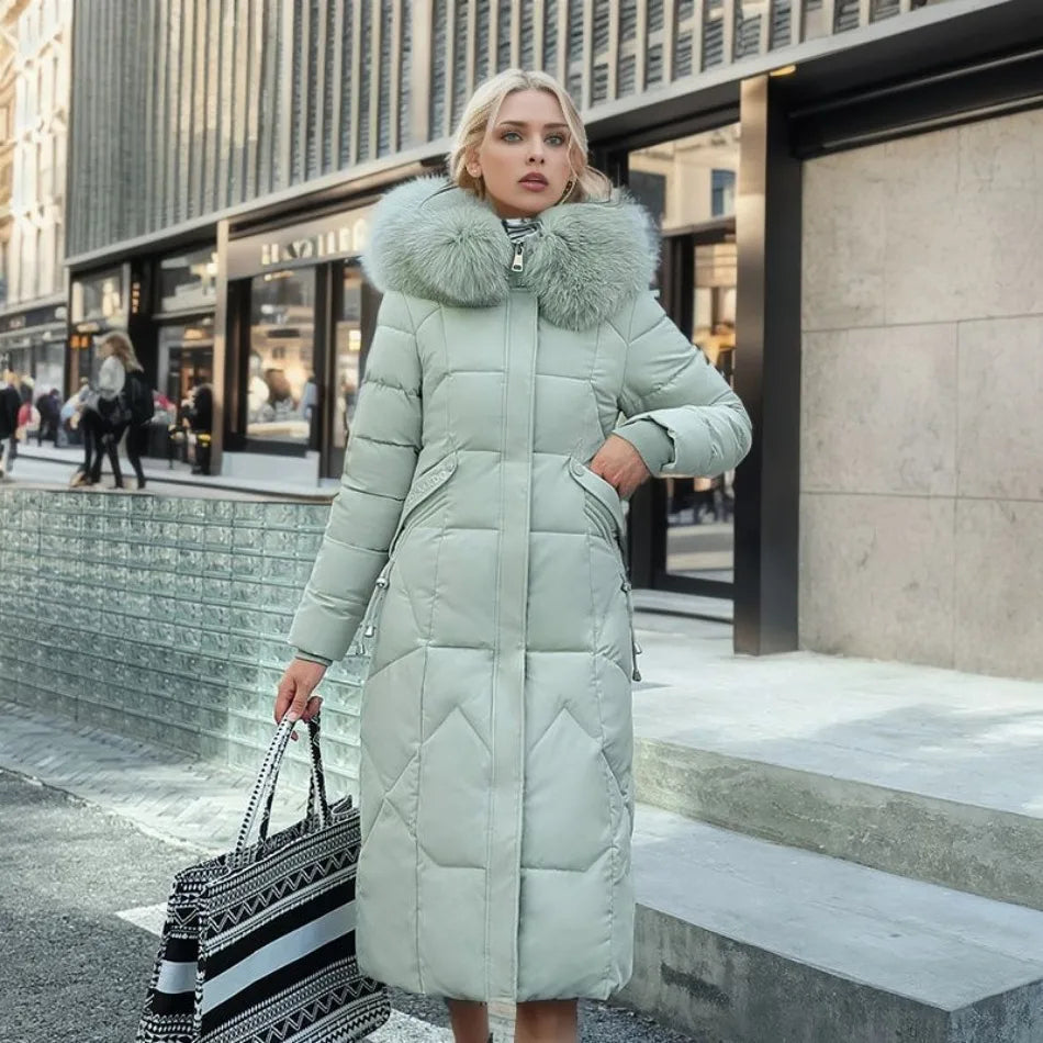 Cora Women's Long Puffer Coat with High Collar and Quilted Design 12