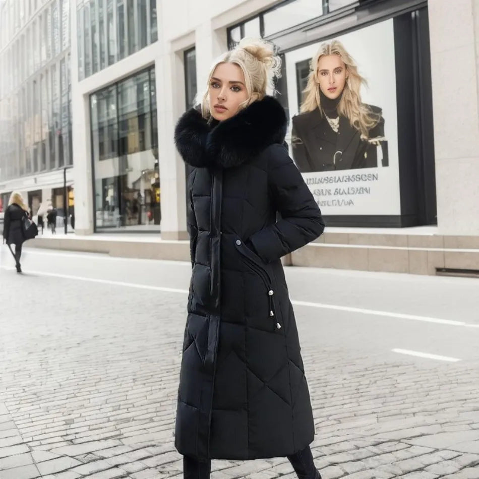 Cora Women's Long Puffer Coat with High Collar and Quilted Design 6