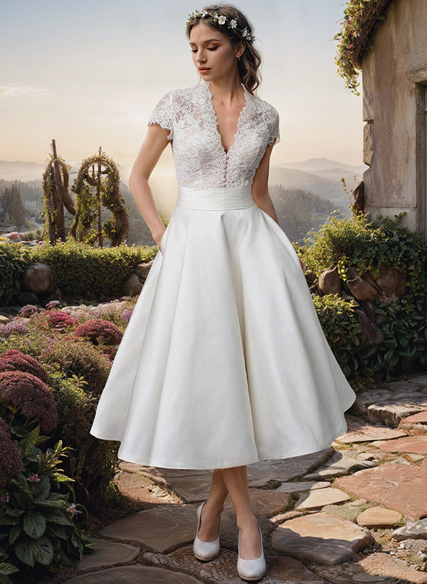 Cora Women’s Midi Wedding Dress with Lace Top and V-Neckline 0