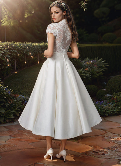 Cora Women’s Midi Wedding Dress with Lace Top and V-Neckline 1