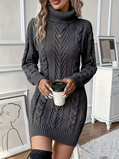 Cora Women’s Sweater Dress featuring a stylish cable knit texture and cozy turtleneck design, perfect for fall and winter fashion. 4