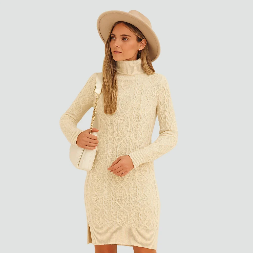 Cora Women’s Sweater Dress featuring a stylish cable knit turtleneck and a flattering fitted silhouette, perfect for cozy autumn and winter outfits. 0