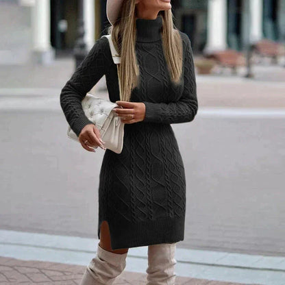 Cora Women’s Sweater Dress featuring a stylish cable knit turtleneck and a flattering fitted silhouette, perfect for cozy autumn and winter outfits. 3