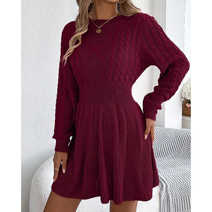 Cora Women’s Sweater Dress featuring a cozy cable knit design and a stylish flared skirt, perfect for autumn and winter wear. 3