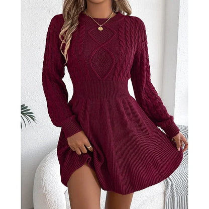 Cora Women’s Sweater Dress featuring a cozy cable knit design and a stylish flared skirt, perfect for autumn and winter wear. 5