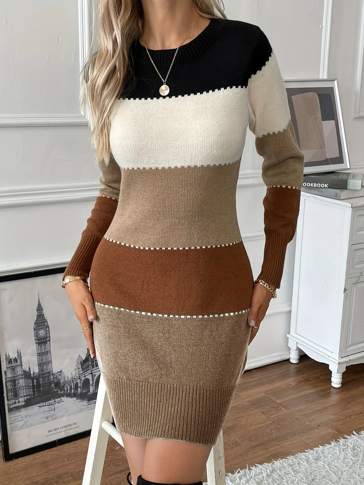 Cora Women’s Sweater Dress featuring a stylish colour block design and contrast stitch detail, perfect for a chic and cozy look. 0