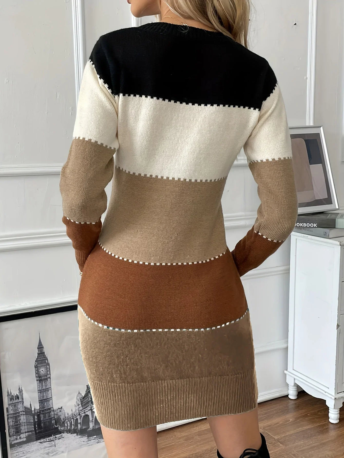 Cora Women’s Sweater Dress featuring a stylish colour block design and contrast stitch detail, perfect for a chic and cozy look. 2
