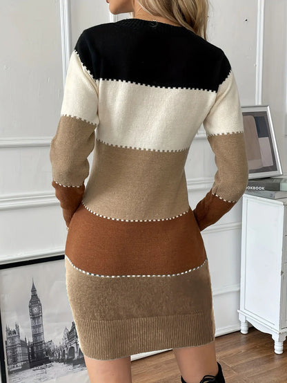 Cora Women’s Sweater Dress featuring a stylish colour block design and contrast stitch detail, perfect for a chic and cozy look. 2