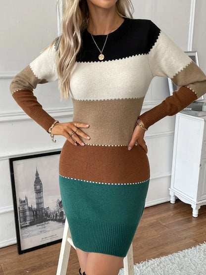 Cora Women’s Sweater Dress featuring a stylish colour block design and contrast stitch detail, perfect for a chic and cozy look. 3