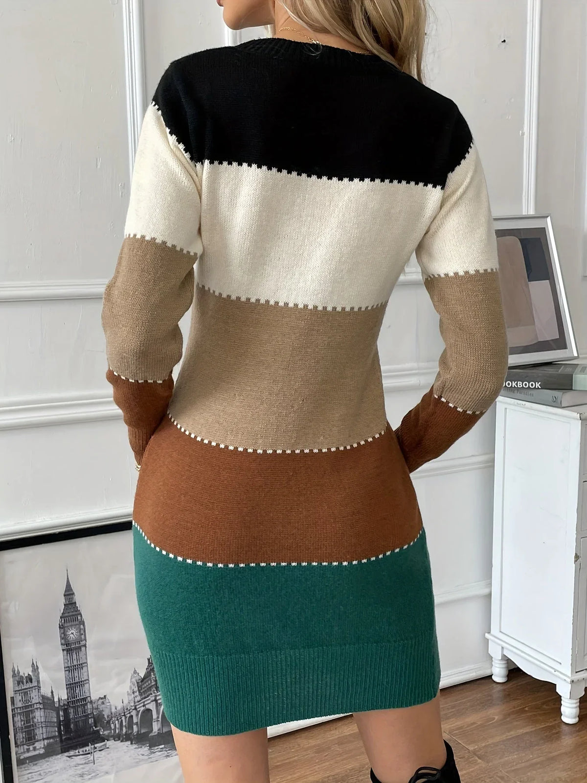 Cora Women’s Sweater Dress featuring a stylish colour block design and contrast stitch detail, perfect for a chic and cozy look. 4