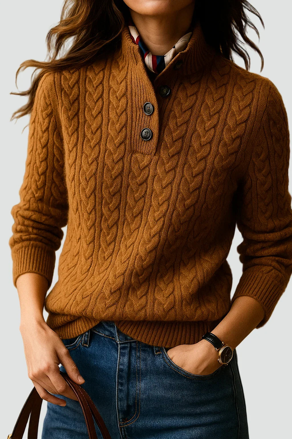 Cora Women’s sweater featuring a stylish cable knit design and button neck fastening, perfect for cozy fall and winter outfits. 0