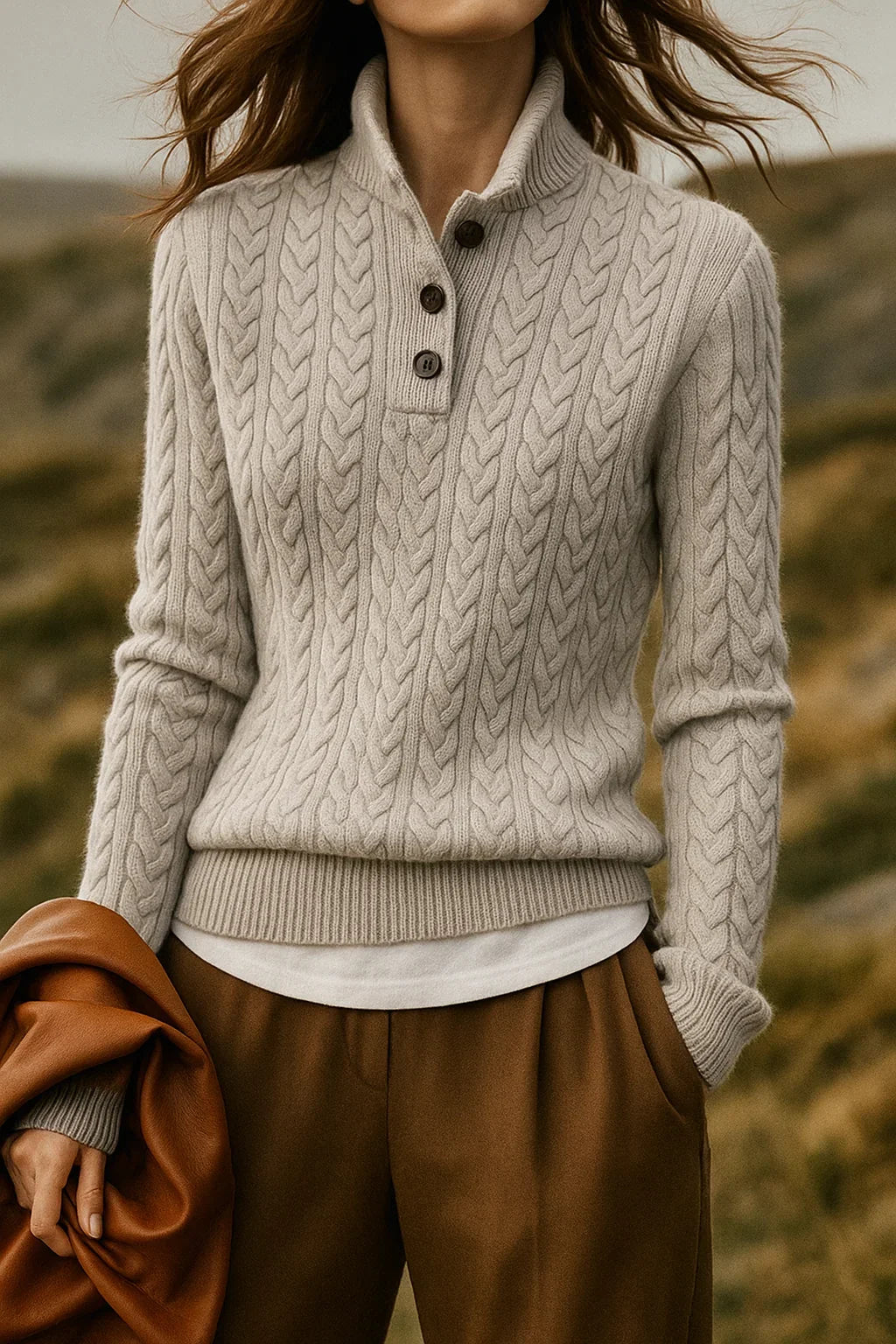 Cora Women’s sweater featuring a stylish cable knit design and button neck fastening, perfect for cozy fall and winter outfits. 10